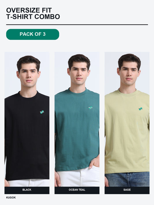 Kugok Men's Oversize Fit T-Shirt Combo Pack of 3 | Black + Ocean Teal + Sage
