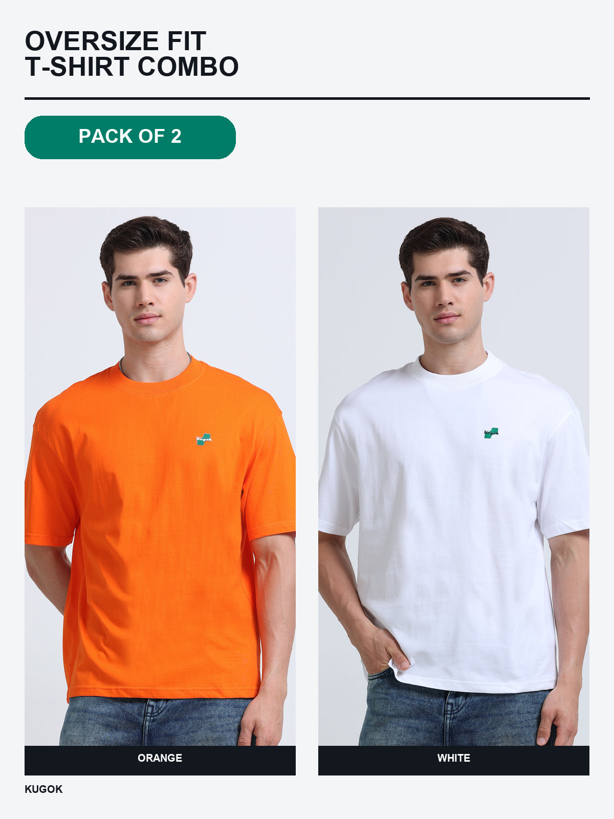 Kugok Men's Oversize Fit T-Shirt Combo Pack of 2 | Orange + White