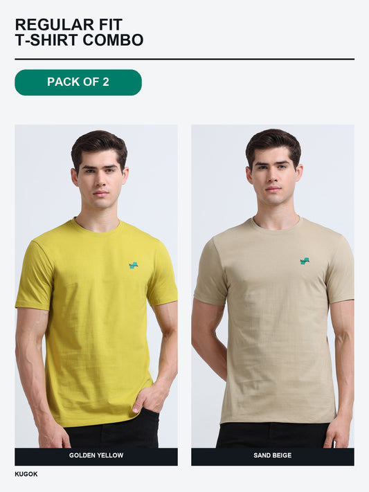 Kugok Men's Regular Fit T-Shirt Combo Pack of 2 | Golden Yellow + Sand Beige