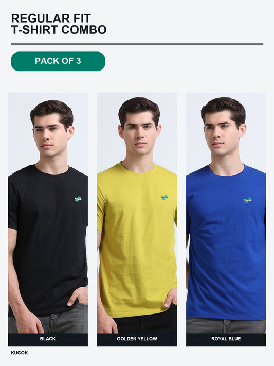 Kugok Men's Regular Fit T-Shirt Combo Pack of 3 | Black + Golden Yellow + Royal Blue
