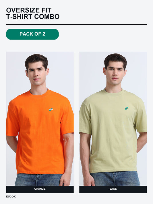 Kugok Men's Oversize Fit T-Shirt Combo Pack of 2 | Orange + Sage