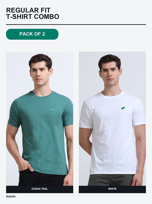 Kugok Men's Regular Fit T-Shirt Combo Pack of 2 | Ocean Teal + White