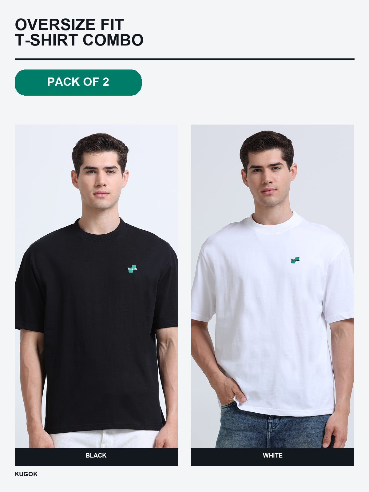 Kugok Men's Oversize Fit T-Shirt Combo Pack of 2 | Black + White