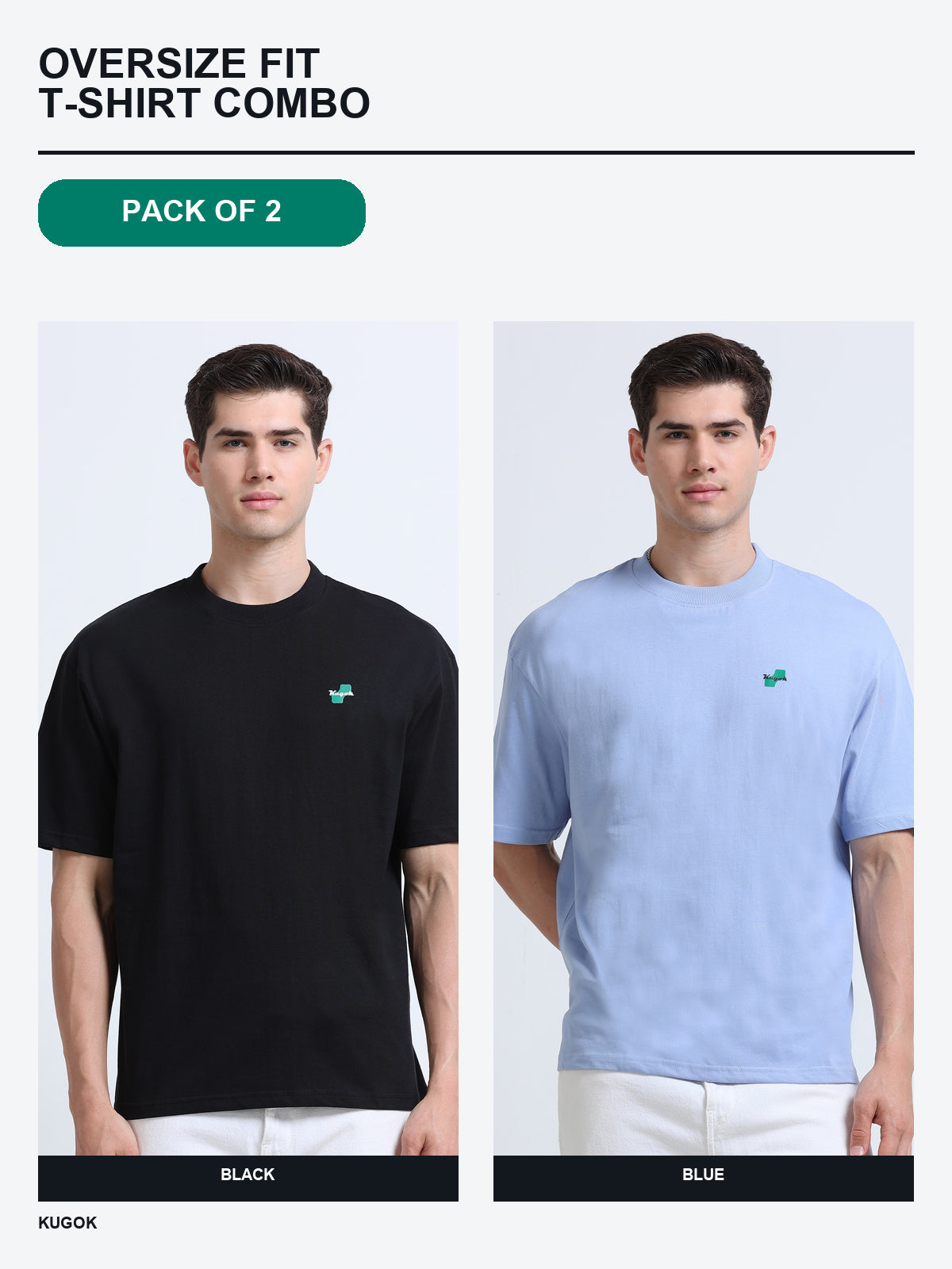 Kugok Men's Oversize Fit T-Shirt Combo Pack of 2 | Black + Blue