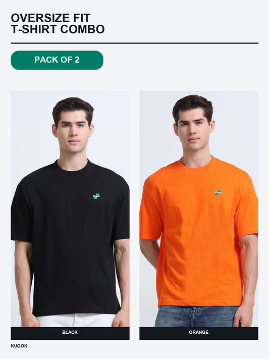Kugok Men's Oversize Fit T-Shirt Combo Pack of 2 | Black + Orange