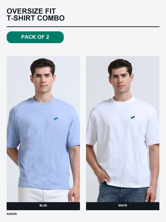 Kugok Men's Oversize Fit T-Shirt Combo Pack of 2 | Blue + White