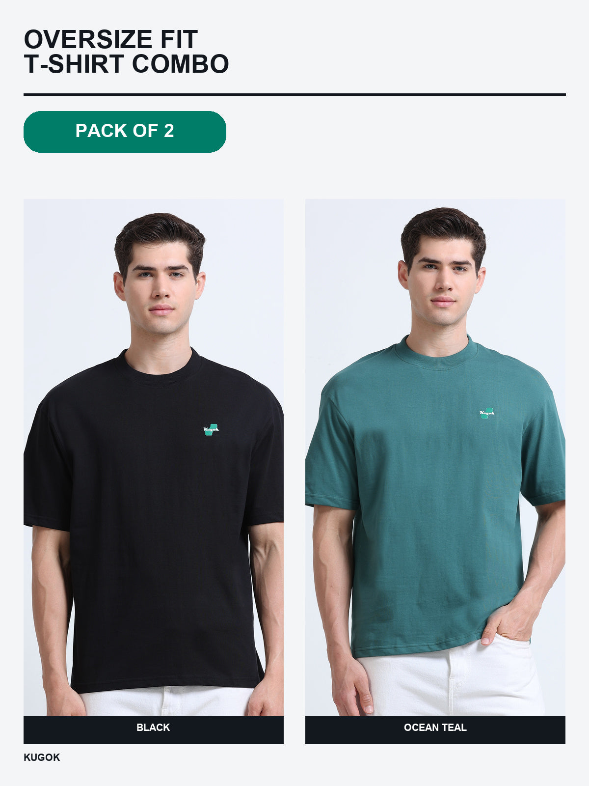 Kugok Men's Oversize Fit T-Shirt Combo Pack of 2 | Black + Ocean Teal
