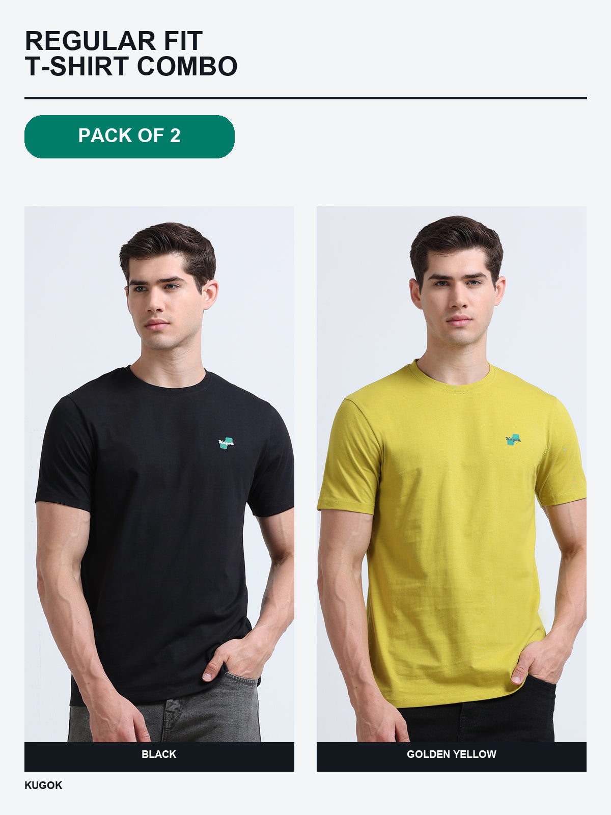 Kugok Men's Regular Fit T-Shirt Combo Pack of 2 | Black + Golden Yellow