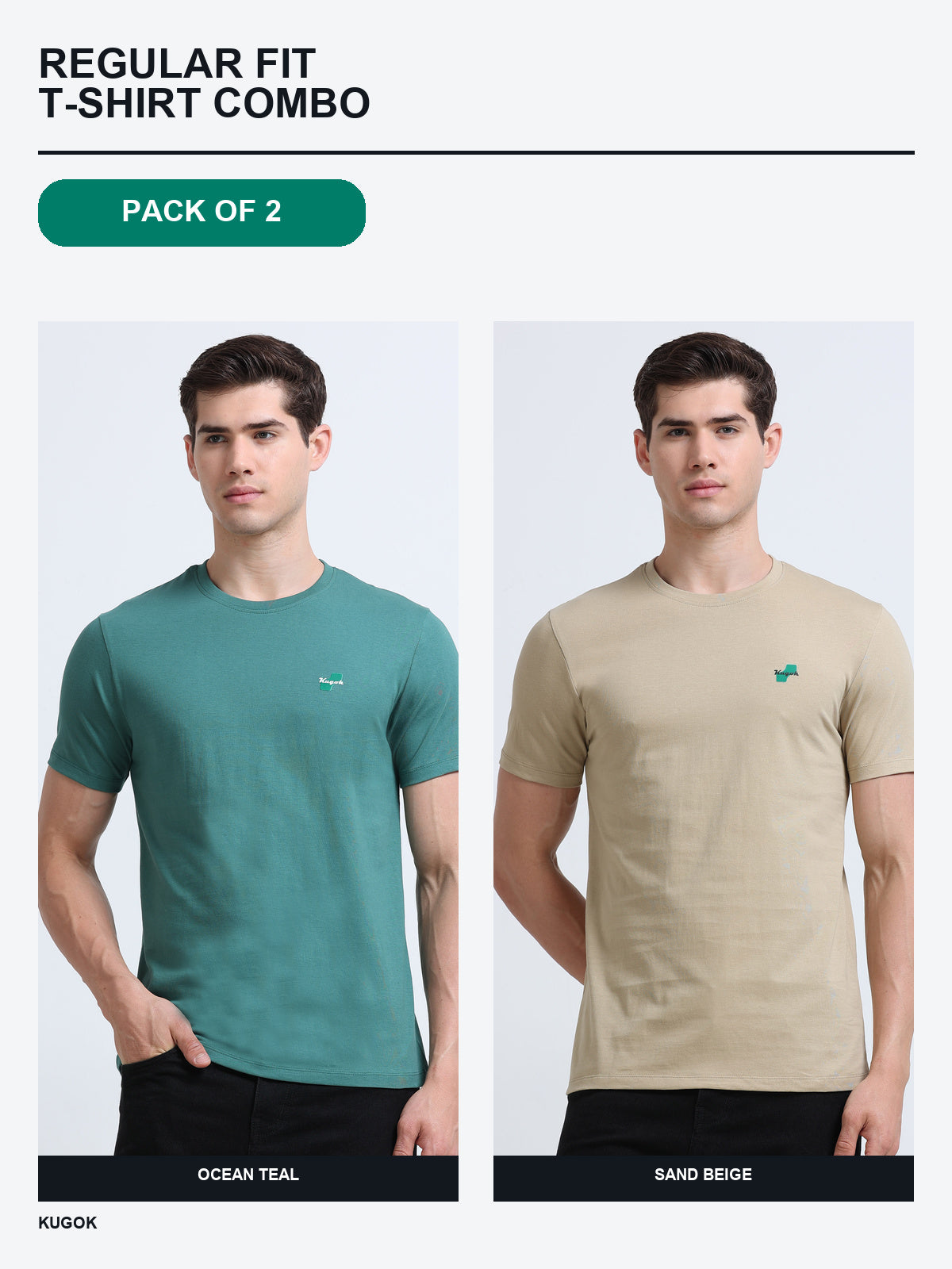 Kugok Men's Regular Fit T-Shirt Combo Pack of 2 | Ocean Teal + Sand Beige