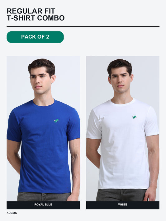 Kugok Men's Regular Fit T-Shirt Combo Pack of 2 | Royal Blue + White