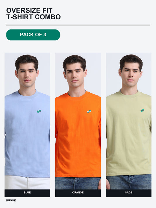 Kugok Men's Oversize Fit T-Shirt Combo Pack of 3 | Blue + Orange + Sage
