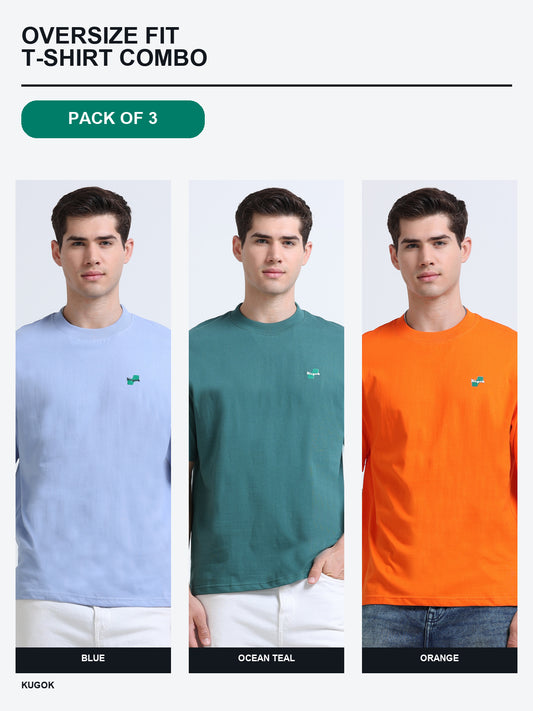 Kugok Men's Oversize Fit T-Shirt Combo Pack of 3 | Blue + Ocean Teal + Orange