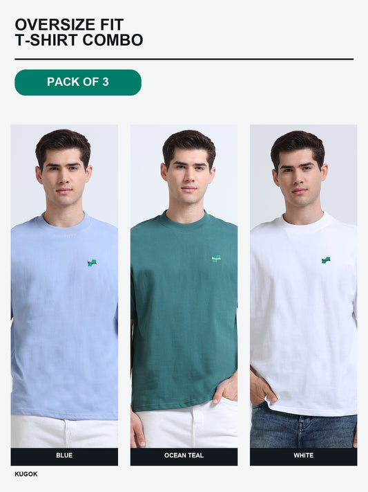 Kugok Men's Oversize Fit T-Shirt Combo Pack of 3 | Blue + Ocean Teal + White