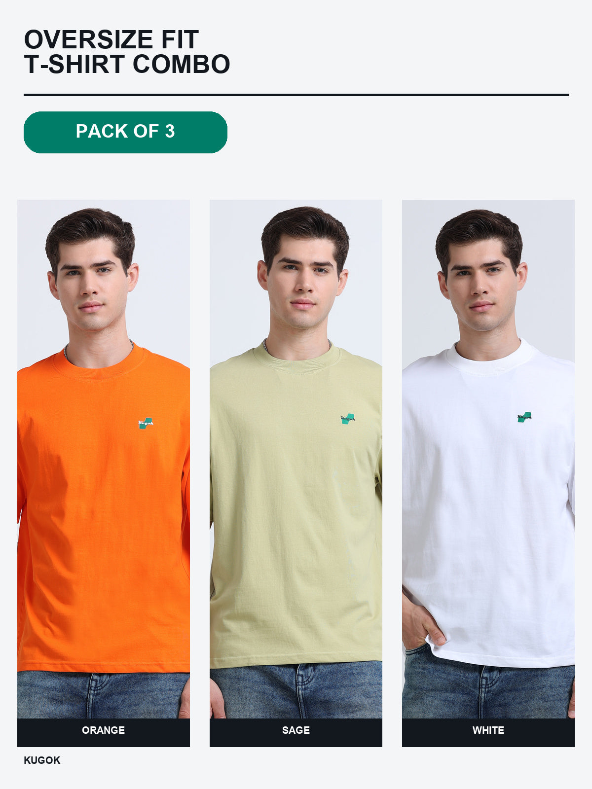 Kugok Men's Oversize Fit T-Shirt Combo Pack of 3 | Orange + Sage + White
