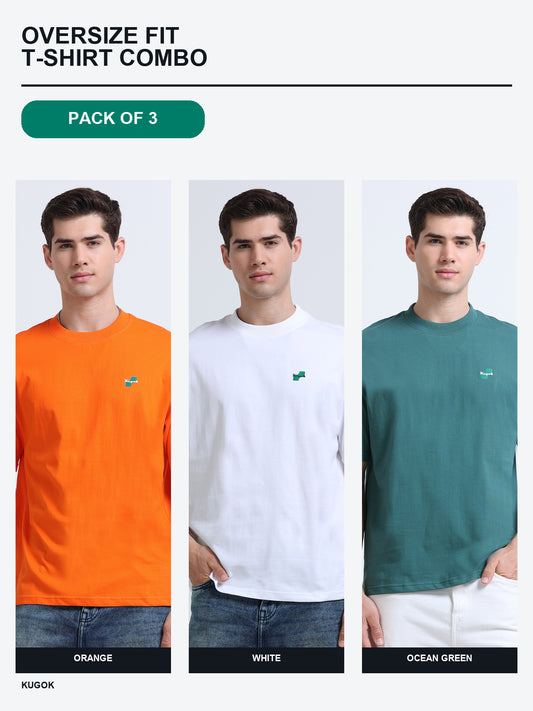 Kugok Men's Oversize Fit T-Shirt Combo Pack of 3 | Ocean Teal + Orange + White