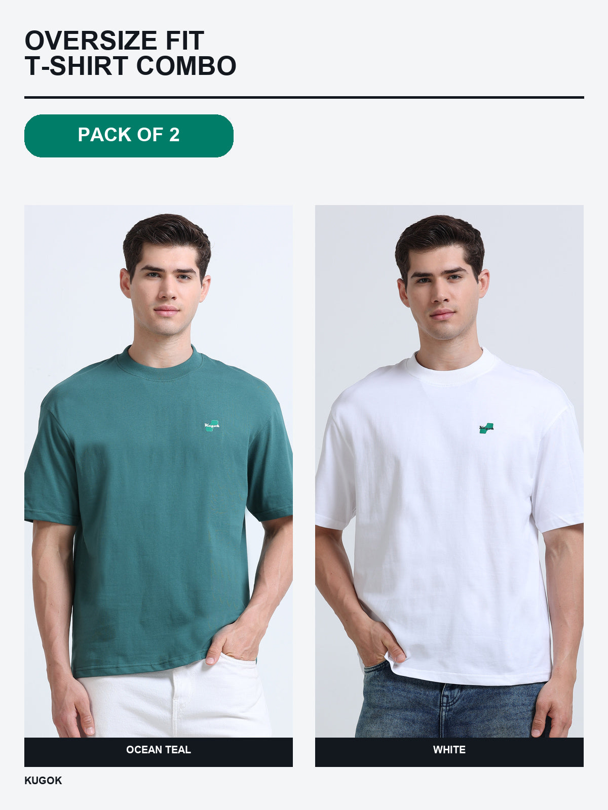 Kugok Men's Oversize Fit T-Shirt Combo Pack of 2 | Ocean Teal + White