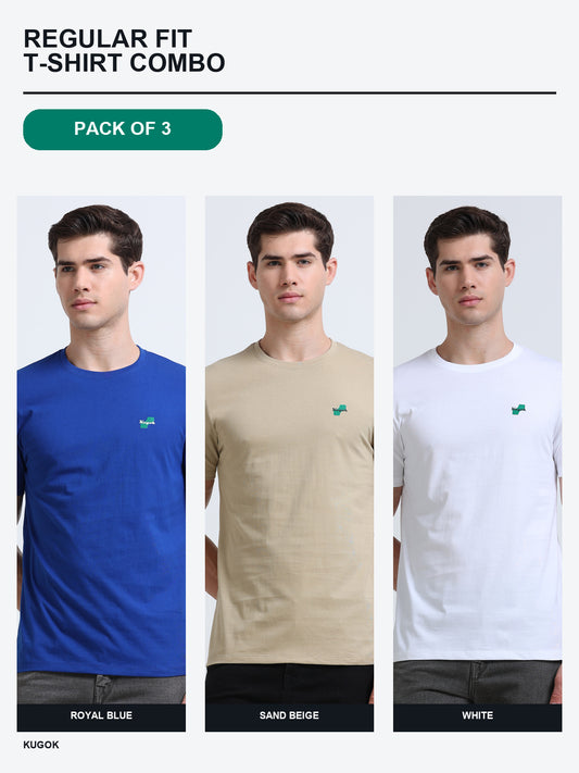 Kugok Men's Regular Fit T-Shirt Combo Pack of 3 | Royal Blue + Sand Beige + White