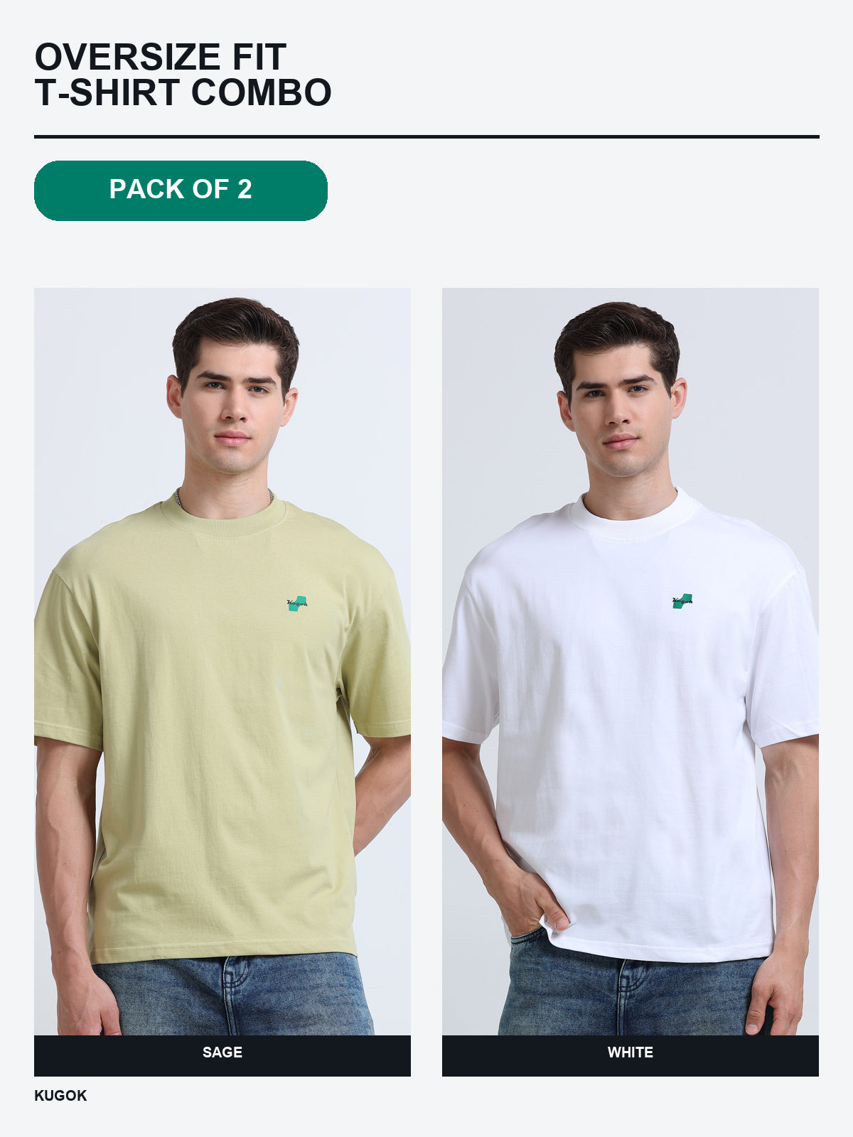 Kugok Men's Oversize Fit T-Shirt Combo Pack of 2 | Sage + White