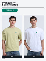 Kugok Men's Oversize Fit T-Shirt Combo Pack of 2 | Sage + White