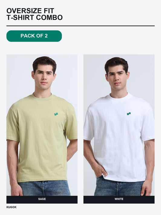 Kugok Men's Oversize Fit T-Shirt Combo Pack of 2 | Sage + White