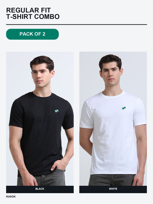 Kugok Men's Regular Fit T-Shirt Combo Pack of 2 | Black + White