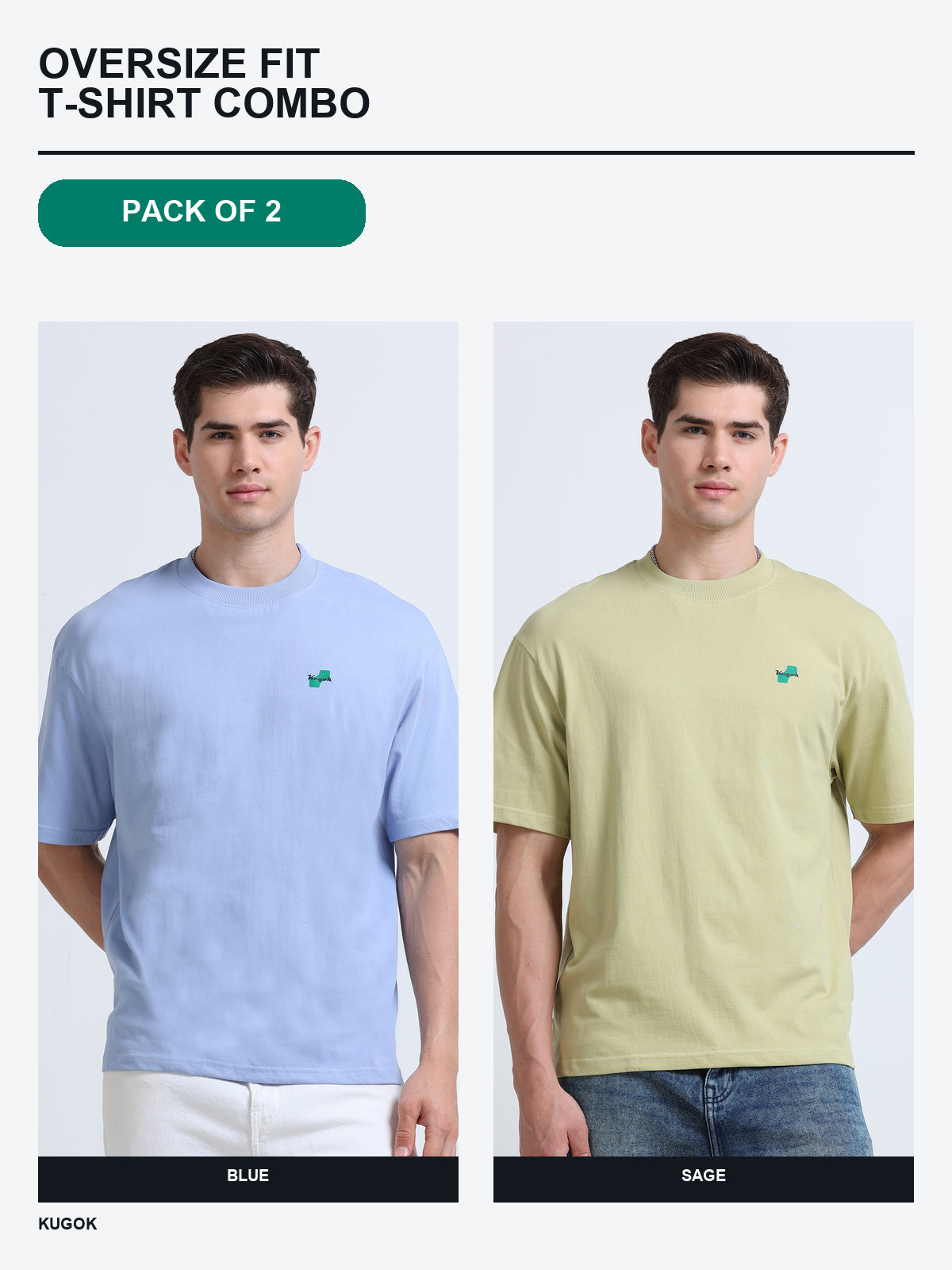 Kugok Men's Oversize Fit T-Shirt Combo Pack of 2 | Blue + Sage