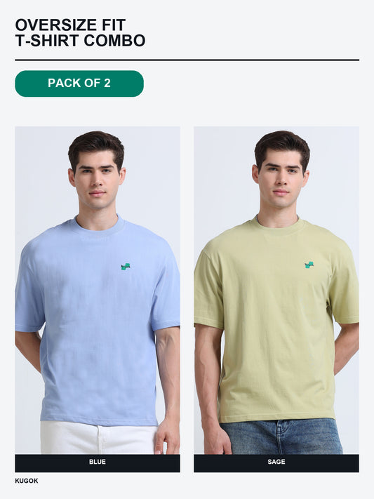 Kugok Men's Oversize Fit T-Shirt Combo Pack of 2 | Blue + Sage