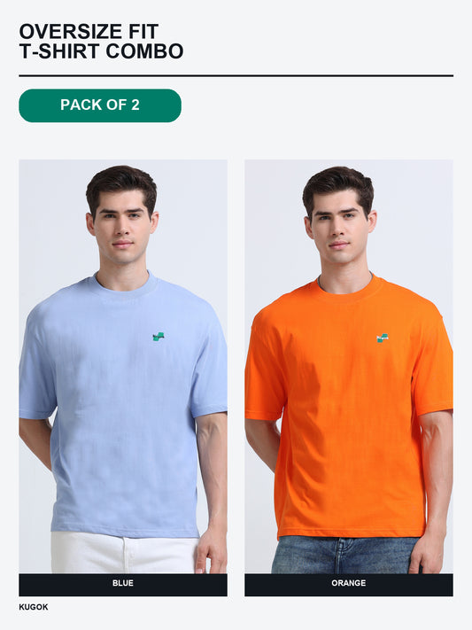 Kugok Men's Oversize Fit T-Shirt Combo Pack of 2 | Blue + Orange