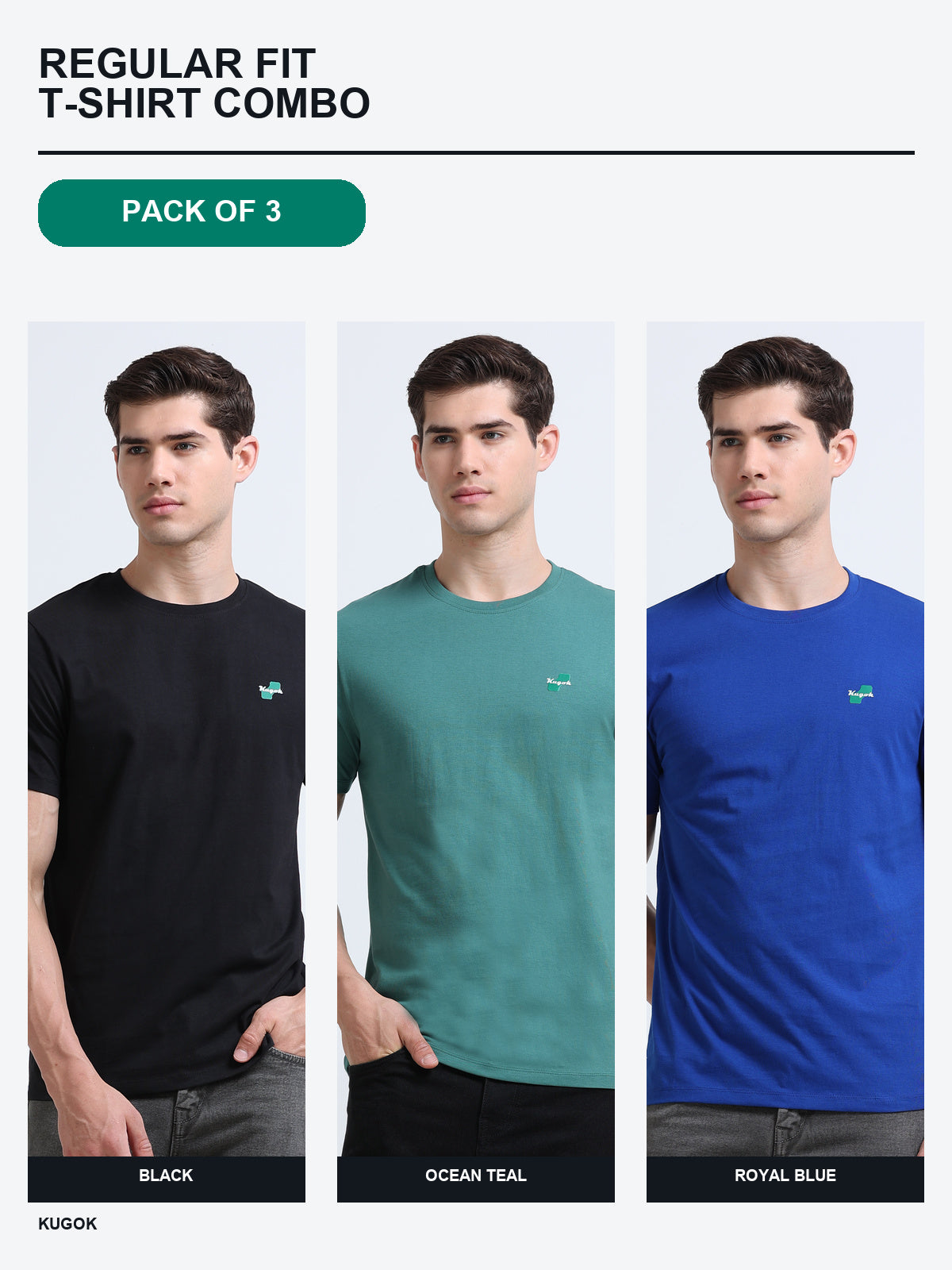 Kugok Men's Regular Fit T-Shirt Combo Pack of 3 | Black + Ocean Teal + Royal Blue