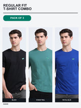 Kugok Men's Regular Fit T-Shirt Combo Pack of 3 | Black + Ocean Teal + Royal Blue