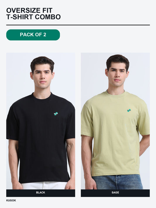 Kugok Men's Oversize Fit T-Shirt Combo Pack of 2 | Black + Sage