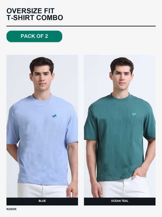 Kugok Men's Oversize Fit T-Shirt Combo Pack of 2 | Blue + Ocean Teal