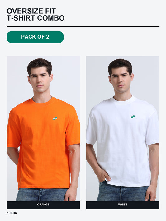 Kugok Men's Oversize Fit T-Shirt Combo Pack of 2 | Orange + White