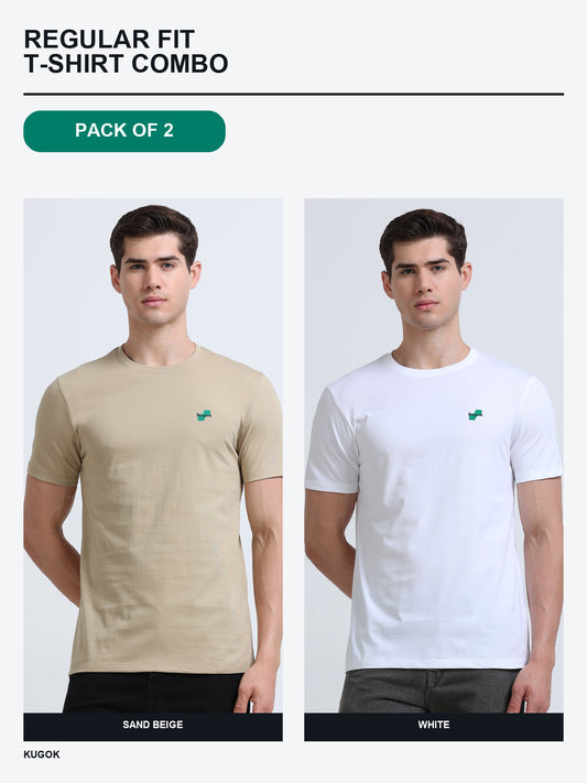 Kugok Men's Regular Fit T-Shirt Combo Pack of 2 | Sand Beige + White
