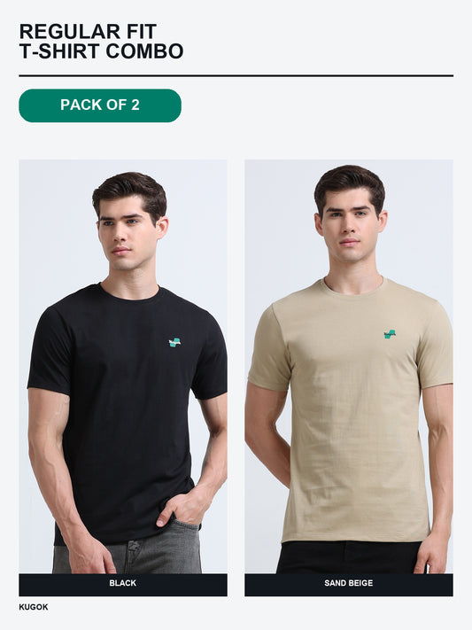 Kugok Men's Regular Fit T-Shirt Combo Pack of 2 | Black + Sand Beige