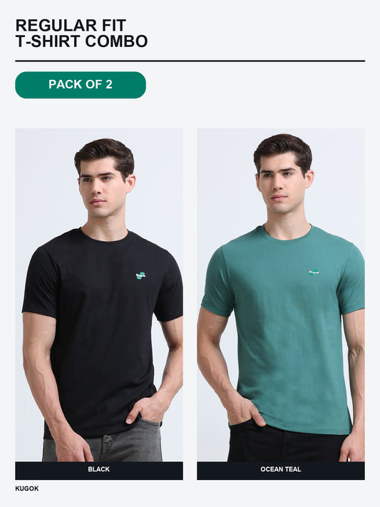 Kugok Men's Regular Fit T-Shirt Combo Pack of 2 | Black + Ocean Teal