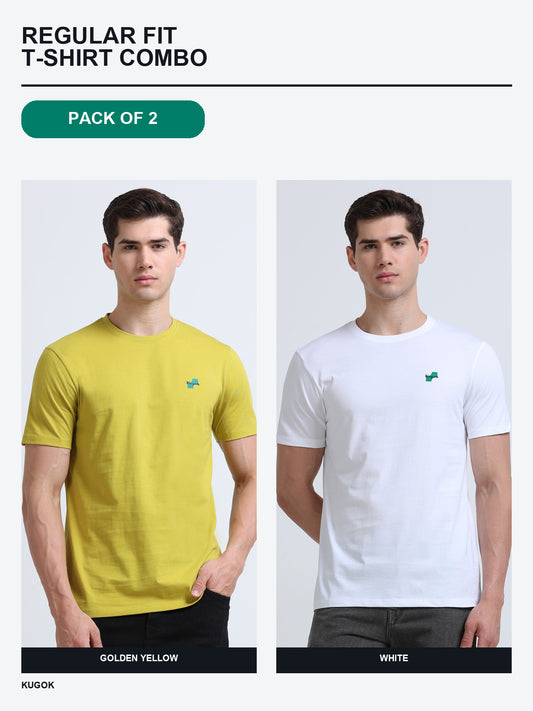 Kugok Men's Regular Fit T-Shirt Combo Pack of 2 | Golden Yellow + White