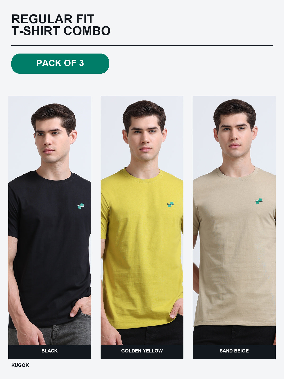 Kugok Men's Regular Fit T-Shirt Combo Pack of 3 | Black + Golden Yellow + Sand Beige