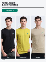 Kugok Men's Regular Fit T-Shirt Combo Pack of 3 | Black + Golden Yellow + Sand Beige