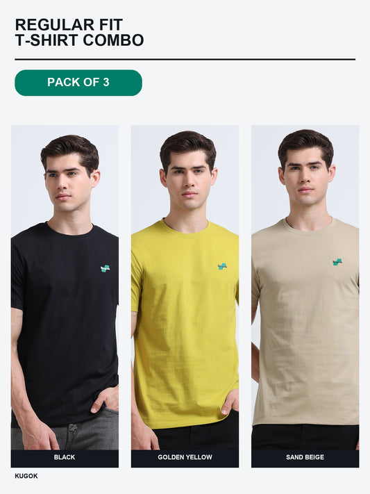 Kugok Men's Regular Fit T-Shirt Combo Pack of 3 | Black + Golden Yellow + Sand Beige