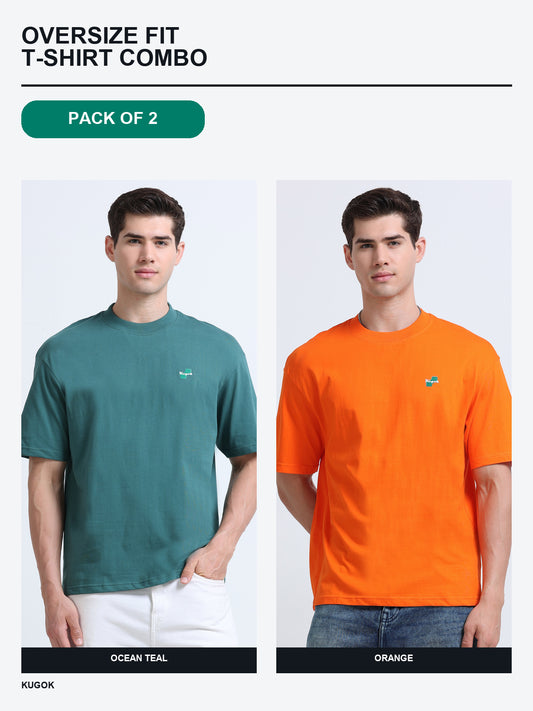 Kugok Men's Oversize Fit T-Shirt Combo Pack of 2 | Ocean Teal + Orange