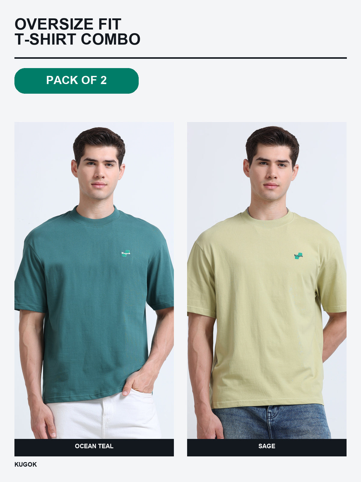 Kugok Men's Oversize Fit T-Shirt Combo Pack of 2 | Ocean Teal + Sage