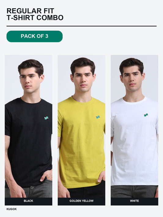 Kugok Men's Regular Fit T-Shirt Combo Pack of 3 | Black + Golden Yellow + White