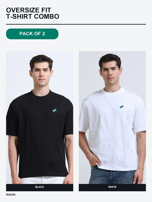 Kugok Men's Oversize Fit T-Shirt Combo Pack of 2 | Black + White