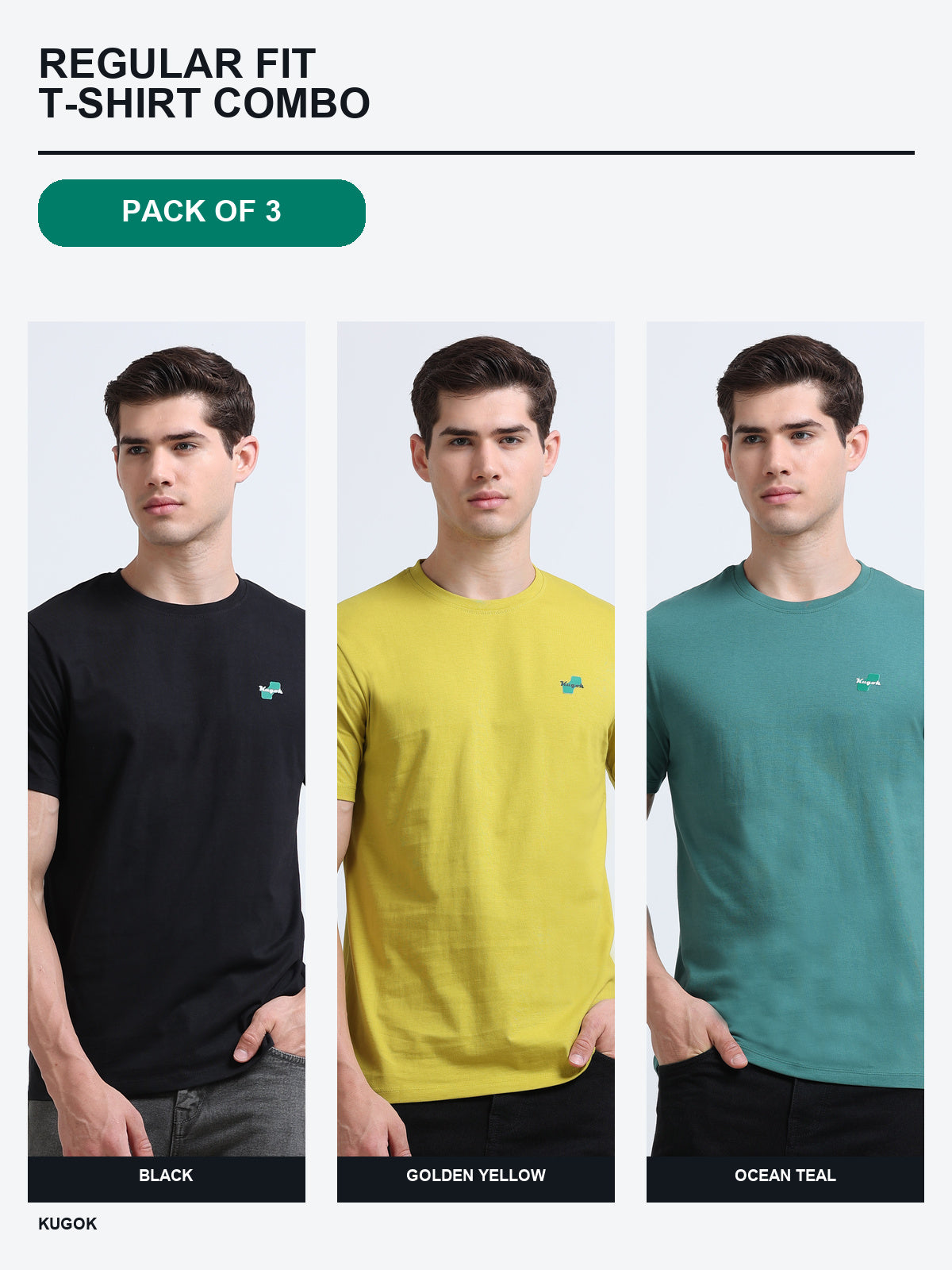 Kugok Men's Regular Fit T-Shirt Combo Pack of 3 | Black + Golden Yellow + Ocean Teal