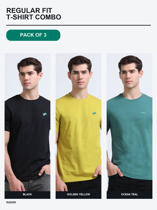 Kugok Men's Regular Fit T-Shirt Combo Pack of 3 | Black + Golden Yellow + Ocean Teal