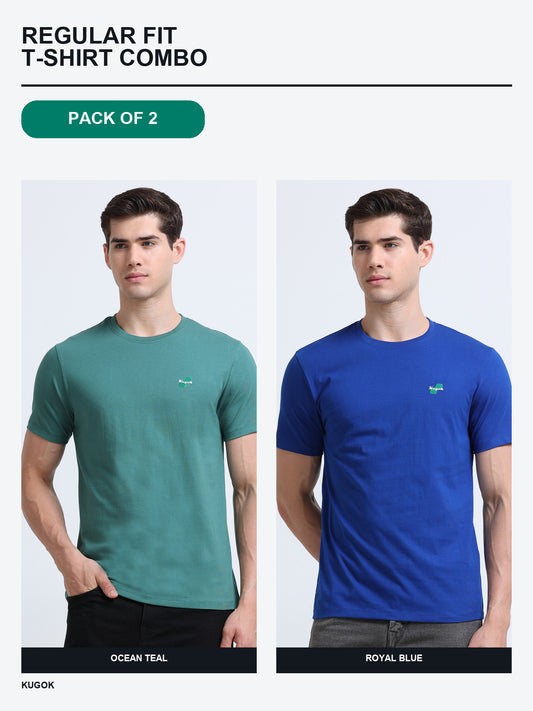 Kugok Men's Regular Fit T-Shirt Combo Pack of 2 | Ocean Teal + Royal Blue