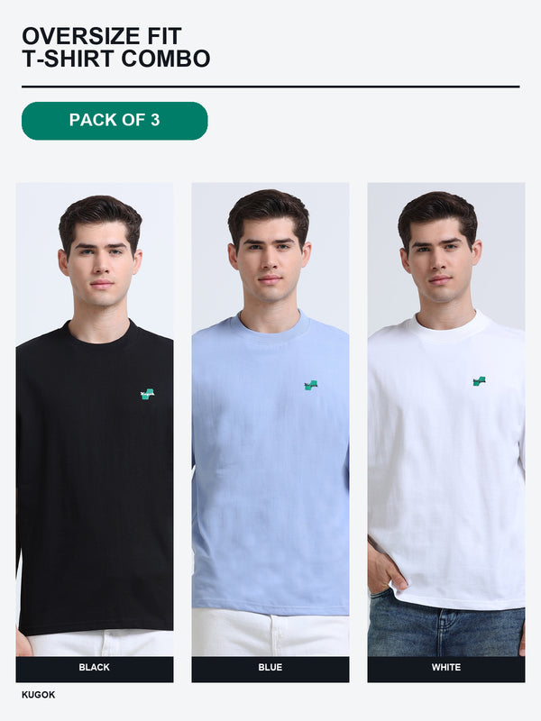 Kugok Men's Oversize Fit T-Shirt Combo Pack of 3 | Black + Blue + White