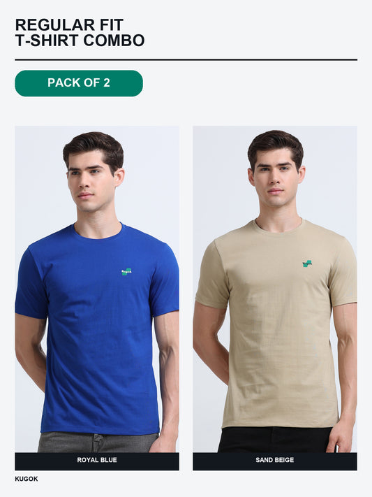 Kugok Men's Regular Fit T-Shirt Combo Pack of 2 | Royal Blue + Sand Beige