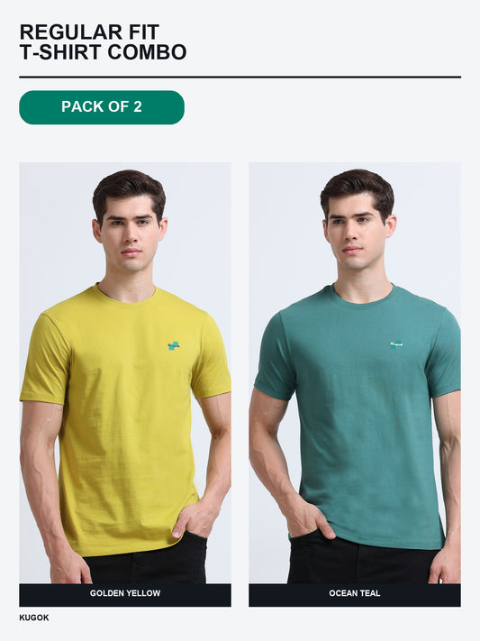 Kugok Men's Regular Fit T-Shirt Combo Pack of 2 | Golden Yellow + Ocean Teal